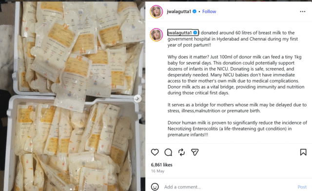 Jwala Gutta Had Also Donated Nearly 60 Litres of Breast Milk| Mother AND Baby Matters | Insta: jwalagutta1
